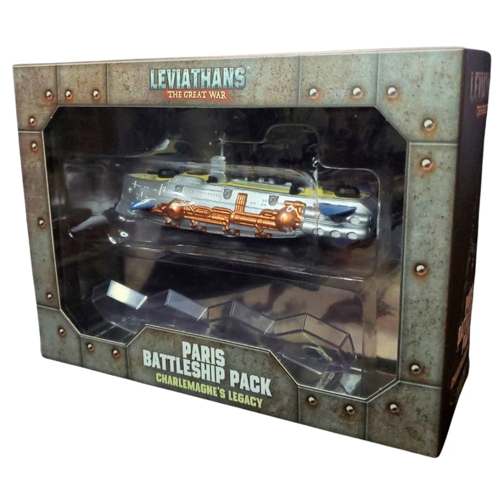 A detailed metallic model of the Paris battleship with a silver hull copper accents and blue detailing from Leviathans Great War ship pack