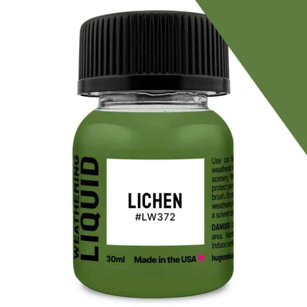 Olive green 30ml bottle of lichen weathering liquid with black ribbed cap for realistic model aging effects