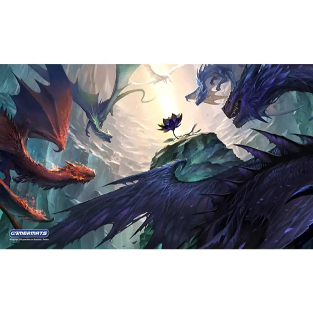 A vibrant fantasy playmat titled Lotus Guardian by Sandara featuring dragons in dynamic poses against a luminous sky
