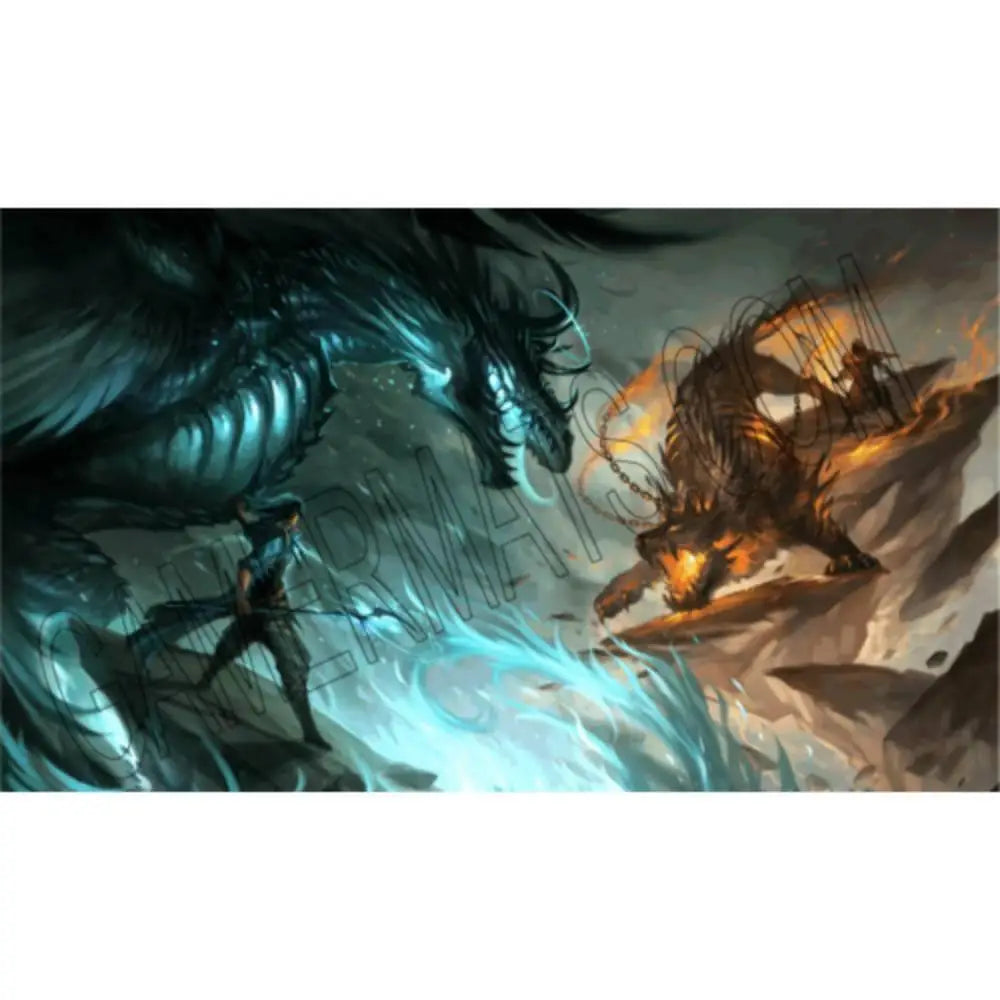 Mage battle playmat featuring a dark teal-scaled dragon with glowing eyes confronting a fiery chained beast in battle
