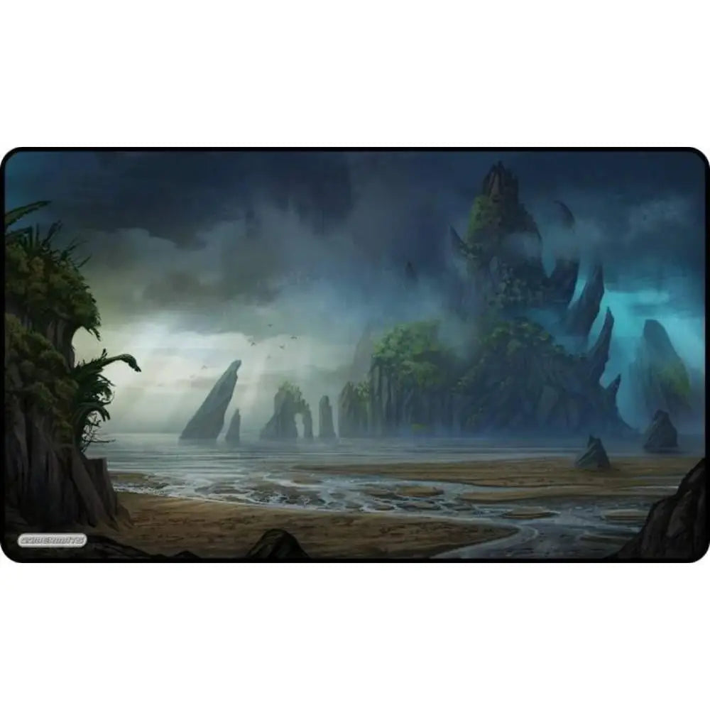 Magic Island playmat featuring a dark blue and teal fantasy landscape with misty coastal cliffs and lush greenery