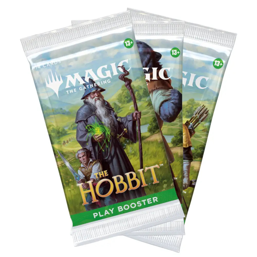 Three magic the gathering the hobbit play booster packs with vibrant gandalf foil illustrations on glossy packaging