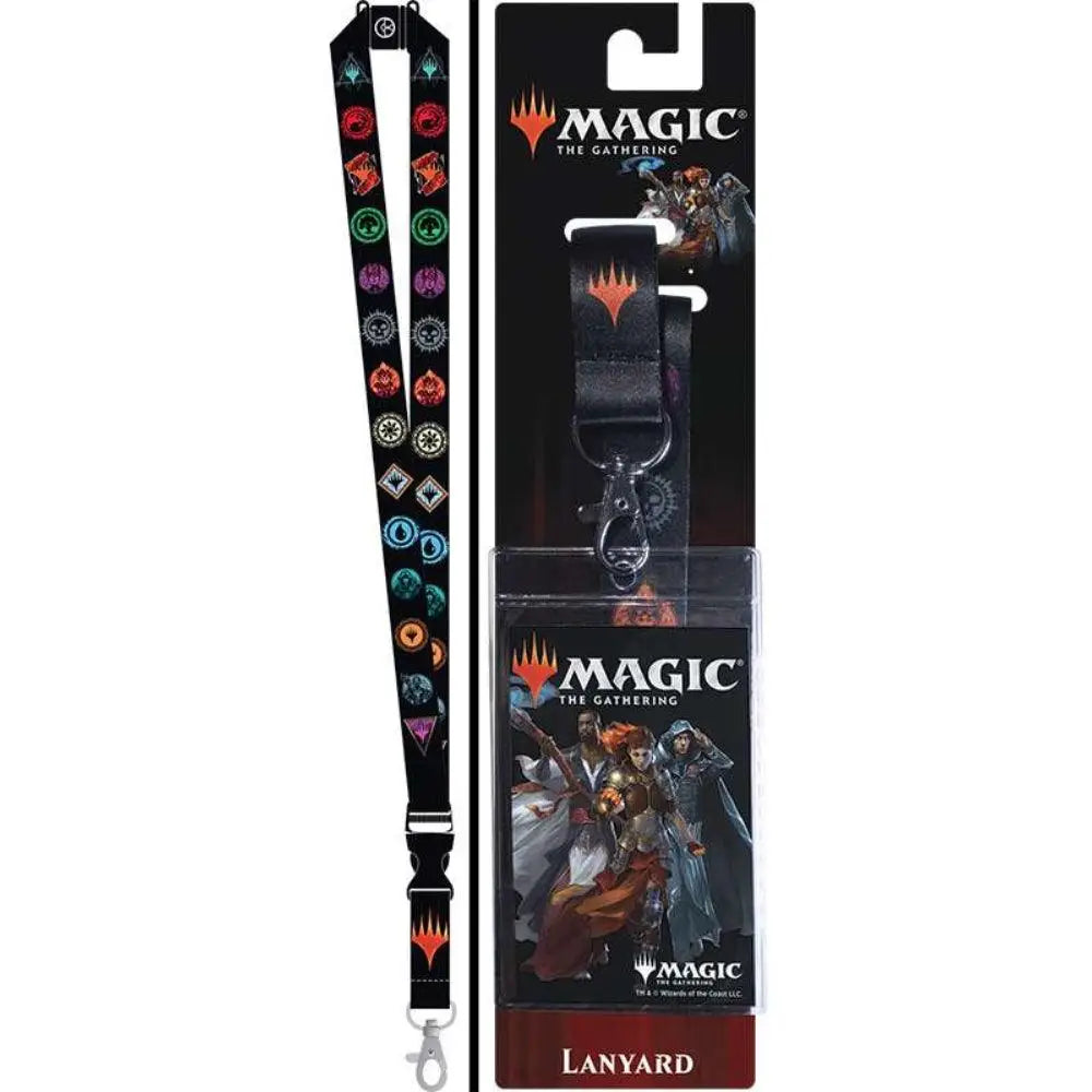 Black magic the gathering lanyard with colorful card symbols and silver metal clasp for secure attachment