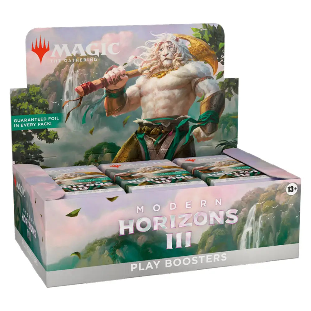 Magic the gathering modern horizons 3 play booster box with a muscular lion figure with white hair in a jungle setting