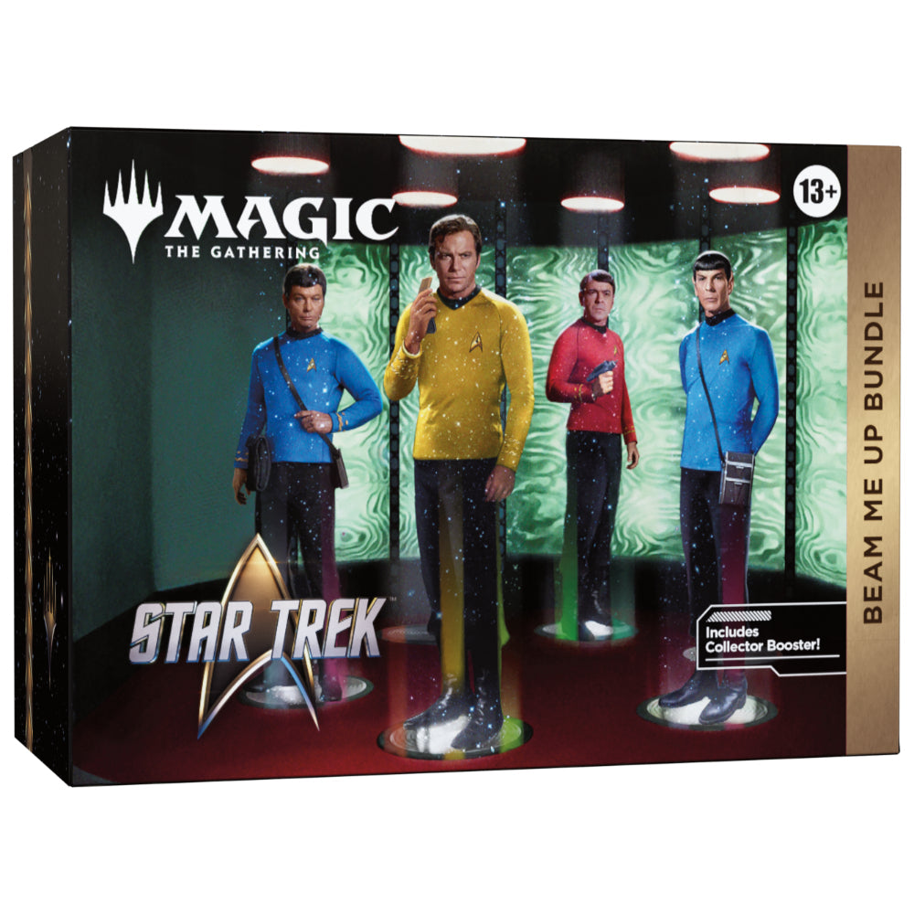 Magic the gathering Star Trek beam me up bundle box featuring four character figurines in their iconic uniforms