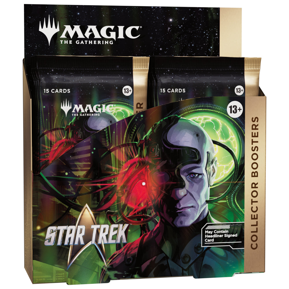 Magic the Gathering star trek collector booster box featuring black and gold design with character illustration