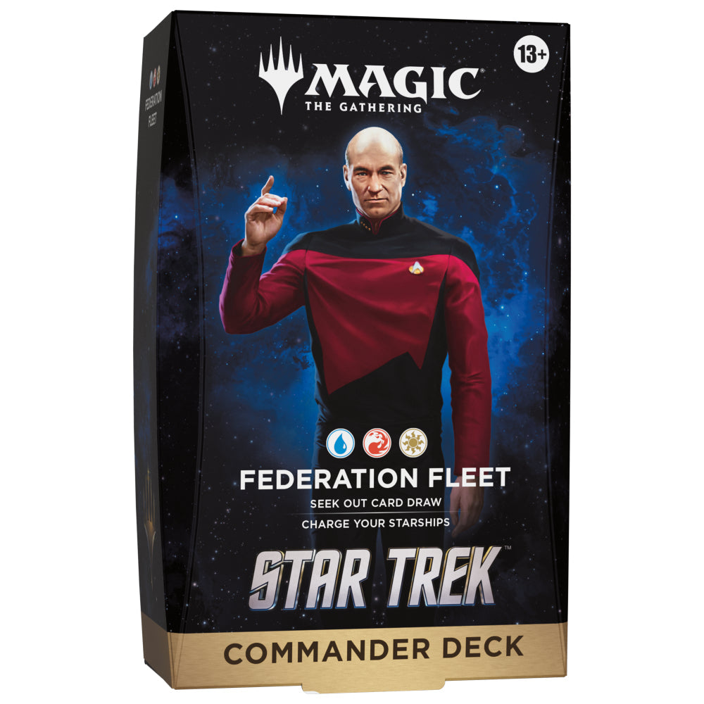 Magic the Gathering Star Trek commander deck featuring Starfleet fleet commander deck with captain Jean-Luc Picard portrait