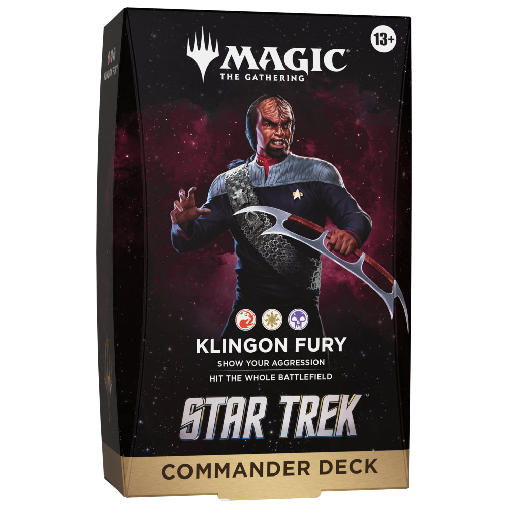 Magic the Gathering Star Trek Commander deck featuring a klingon warrior in dark blue and silver armor with red energy weapon