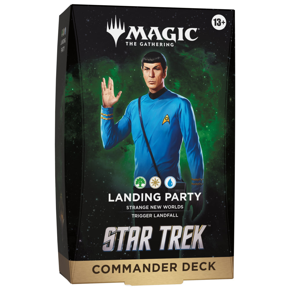 Magic the Gathering star trek commander deck featuring blue cover with Spock in iconic uniform against cosmic backdrop