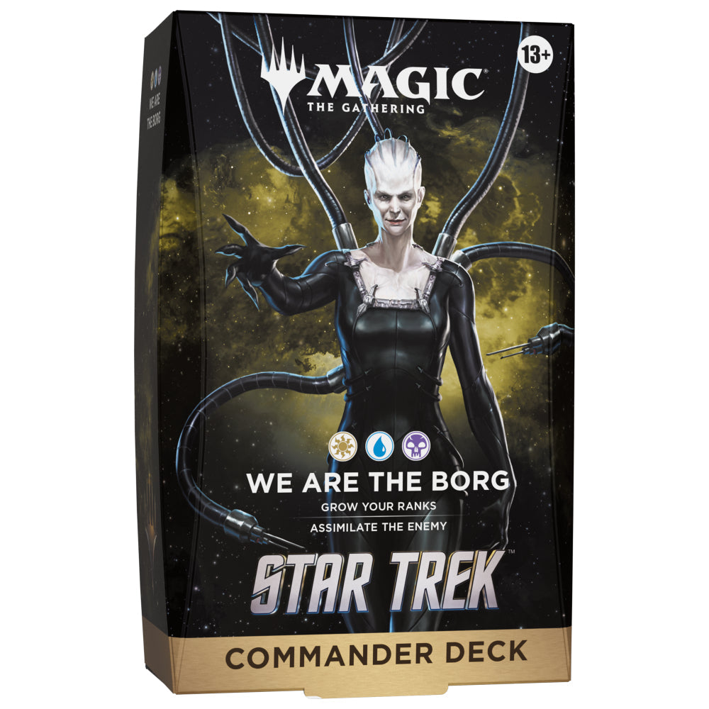 Magic the Gathering star trek commander deck box in black and gold featuring borg character with cybernetic limbs