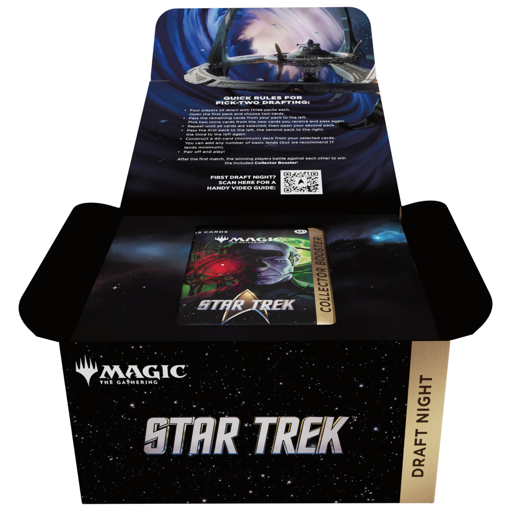 Magic the Gathering Star Trek Draft Night collector booster box with black and gold design featuring Starfleet insignia