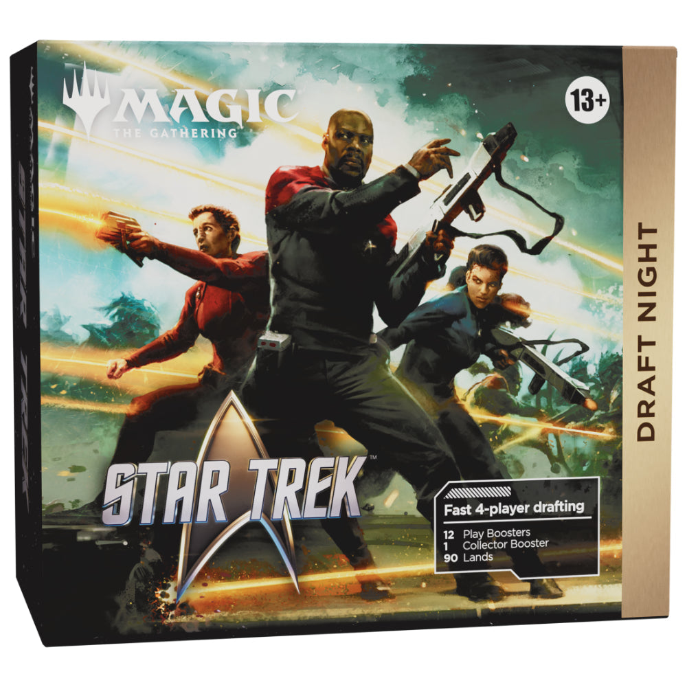Magic the Gathering star trek draft night box featuring three characters in action with weapons on space backdrop