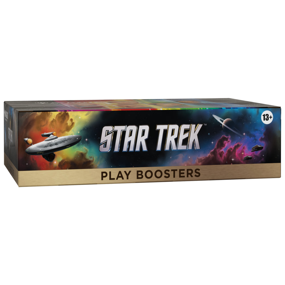Magic the gathering star trek play booster box featuring vibrant space scene with ships and nebulae on colorful packaging