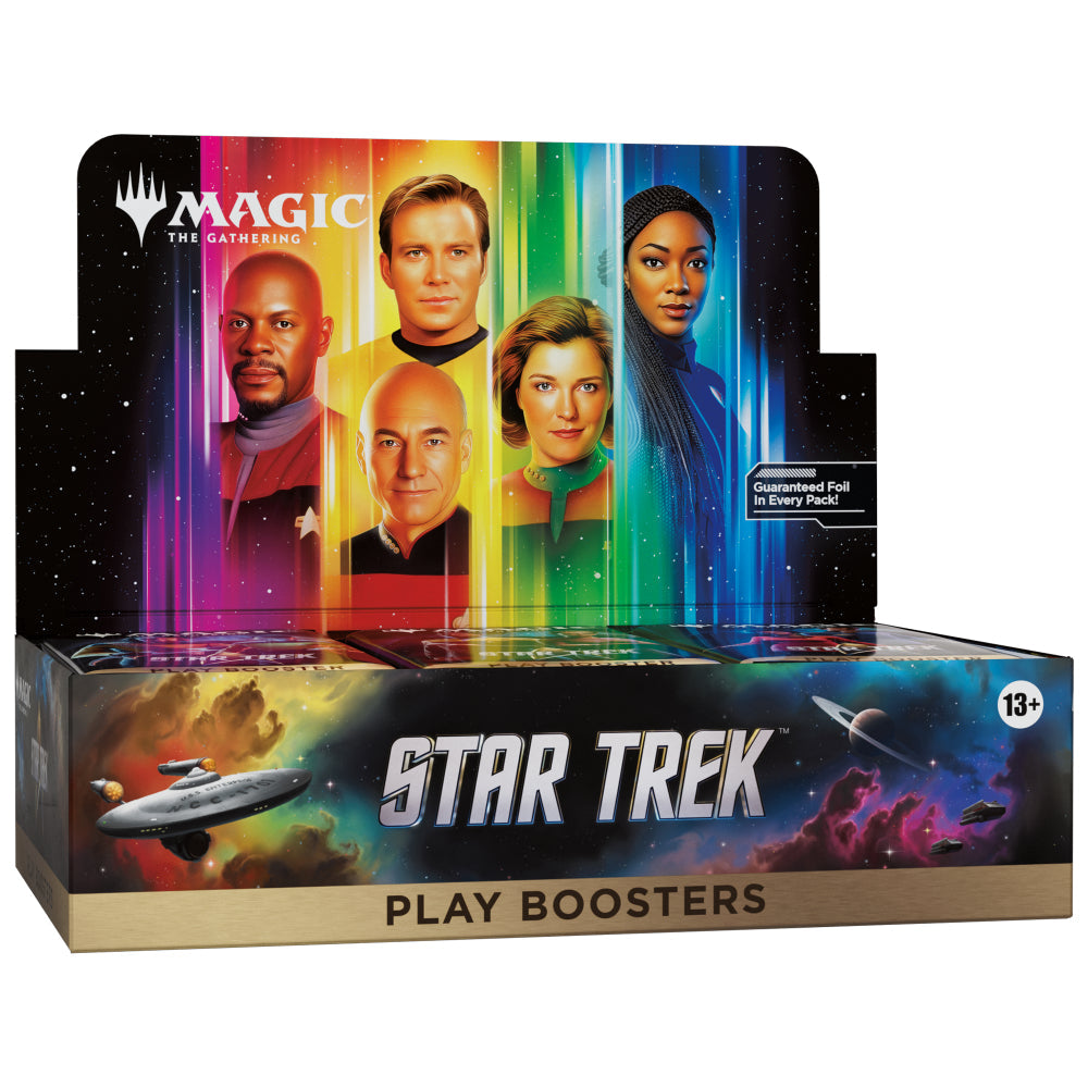 Magic the Gathering star trek play booster box with colorful character portraits and space imagery for collectible gameplay