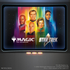 A sleek black-framed television displaying a vibrant Magic the Gathering Star Trek prerelease event poster with rainbow beams