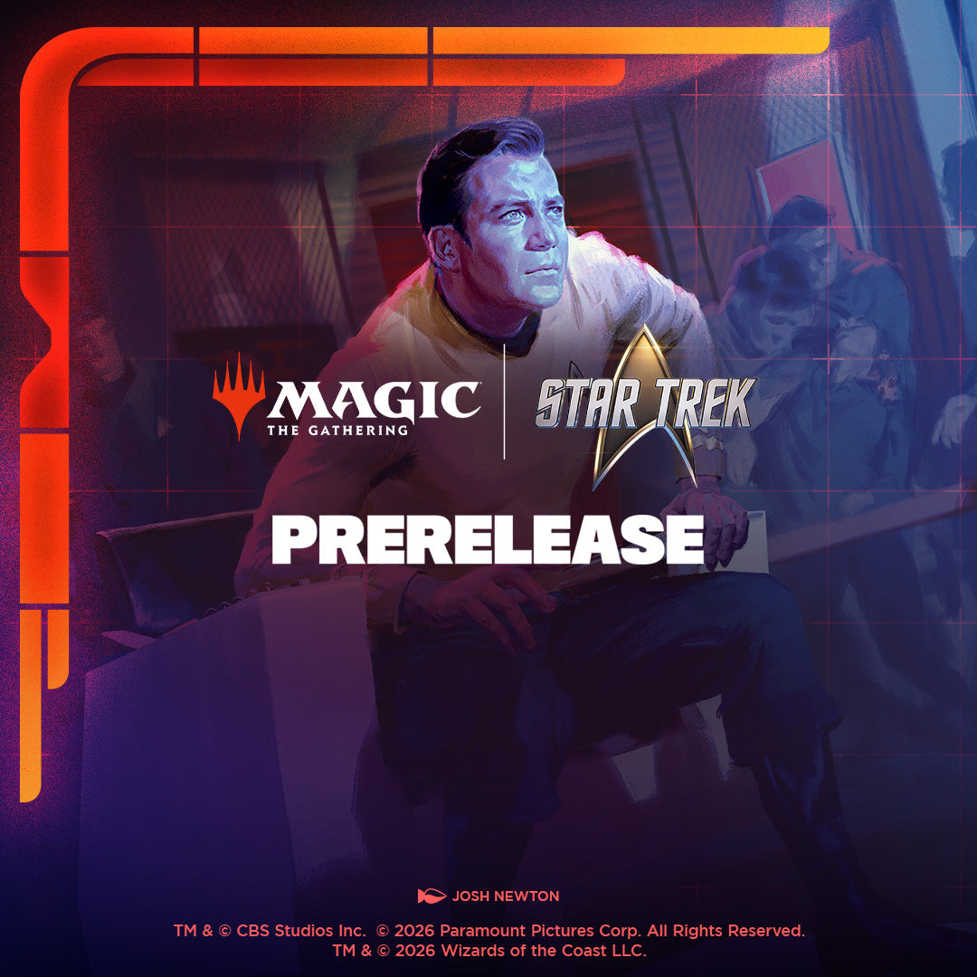 Stylized illustration of captain kirk in gold-trimmed starfleet uniform for Magic the Gathering Star Trek prerelease event two headed giant