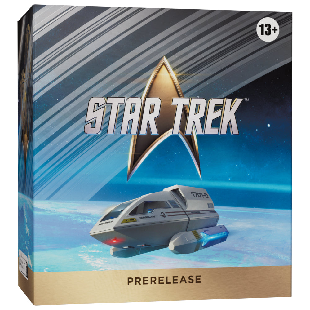 Magic the Gathering Star Trek prerelease pack featuring a sleek silver and blue Enterprise-D model with gold accents