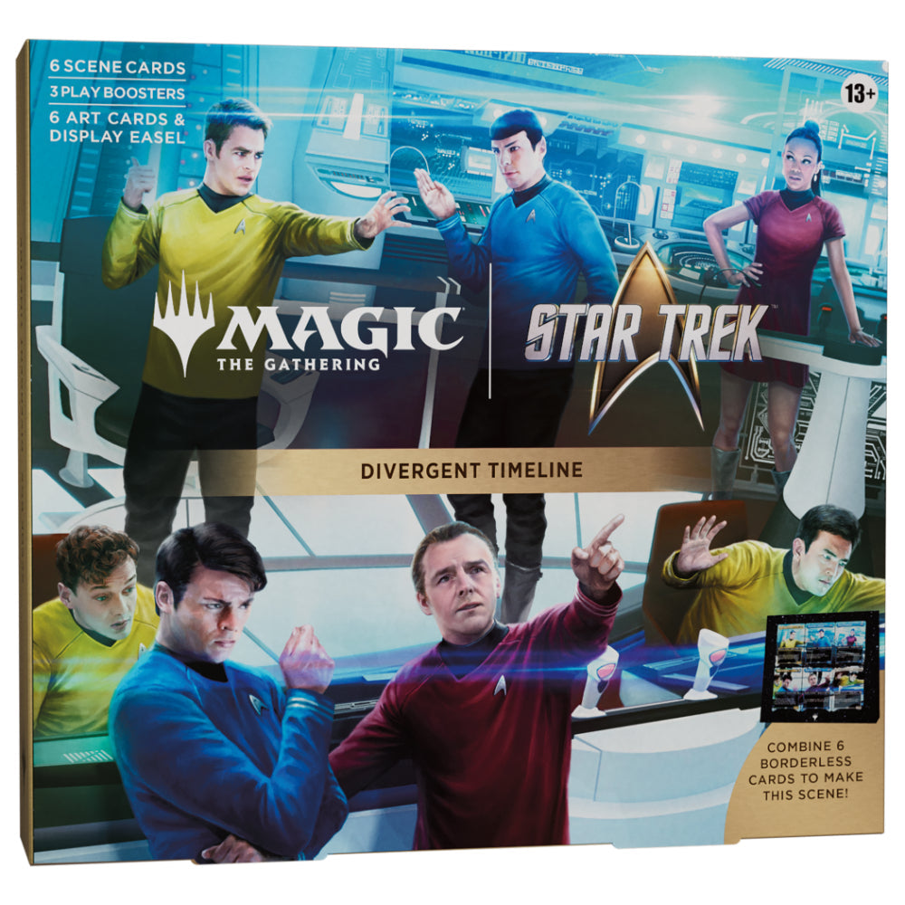 Magic the gathering star trek scene box featuring divergent timeline cards with characters in iconic uniforms