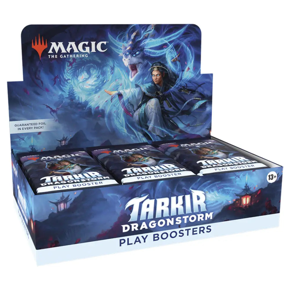 Blue and black cardboard display box for magic the gathering tarkir dragonstorm play boosters featuring dragon and wizard artwork