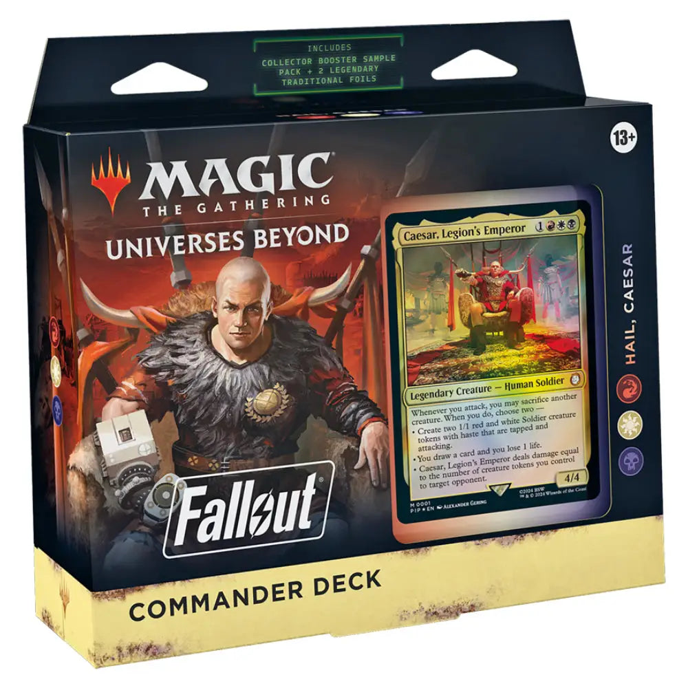 Magic the gathering universes beyond fallout commander deck featuring a bald armored figure with horns and mechanical gear