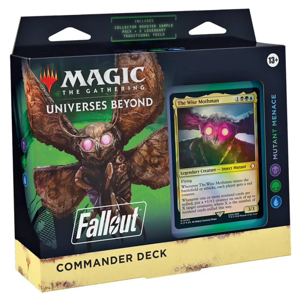 Magic the gathering universes beyond fallout commander deck featuring a brown moth creature with glowing pink eyes and the wise mothman card