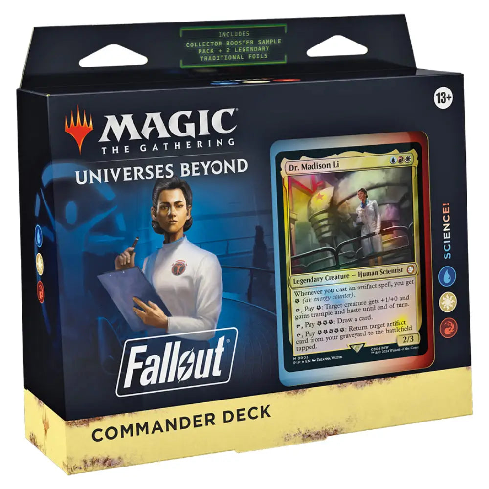 Fallout-themed magic the gathering universes beyond commander deck featuring a white-clad scientist and vibrant illustrated card