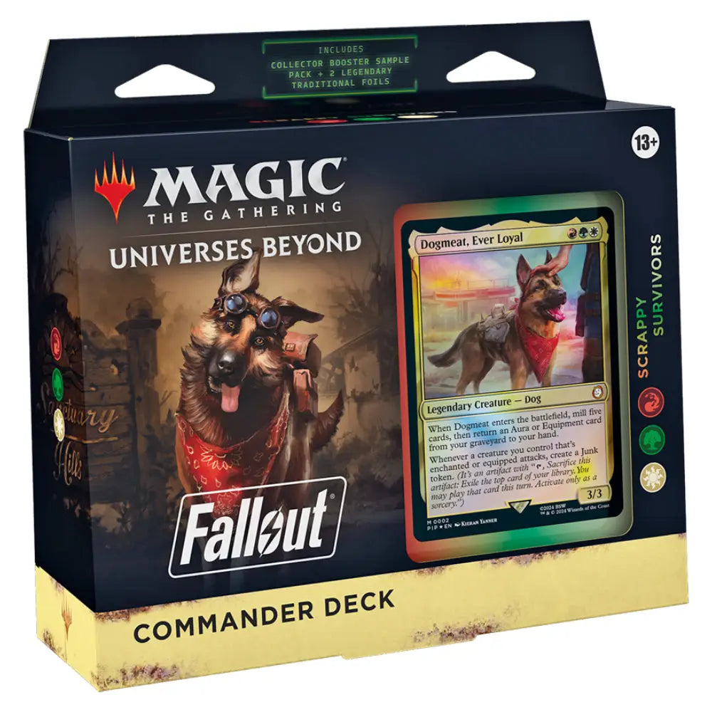 Magic the Gathering Universes Beyond Fallout commander deck featuring dogmeat card and german shepherd in goggles and bandana
