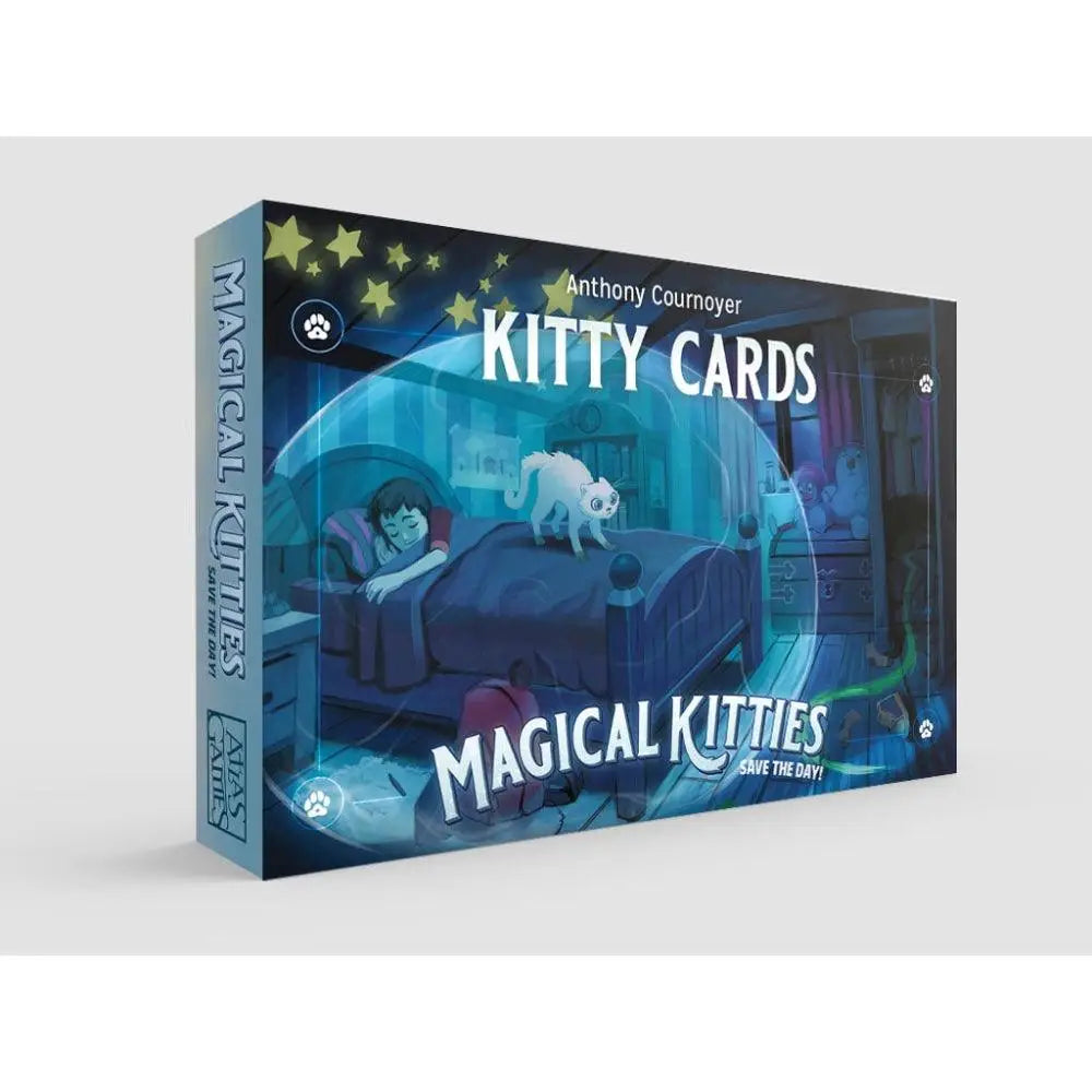 Blue cardboard box of Magical Kitties Save the Day RPG kitty cards featuring a child and white cat under starry sky