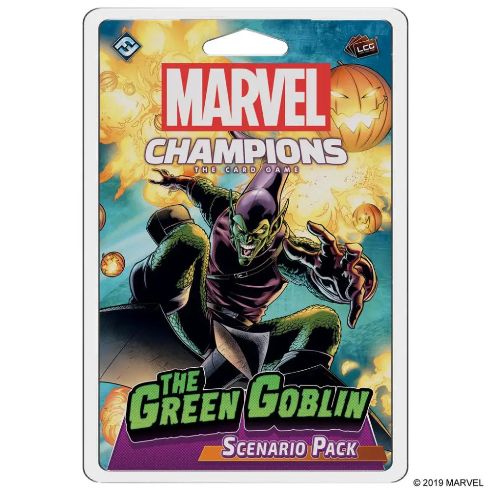 Marvel champions the green goblin scenario pack featuring the villain in purple and green costume with halloween backdrop