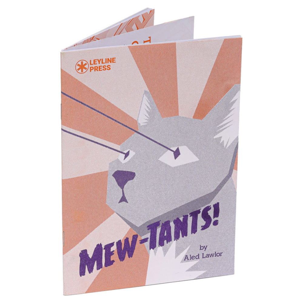 Stylized gray cat illustration on the cover of the children’s book mew-tants by aled lawlor published by leyline press