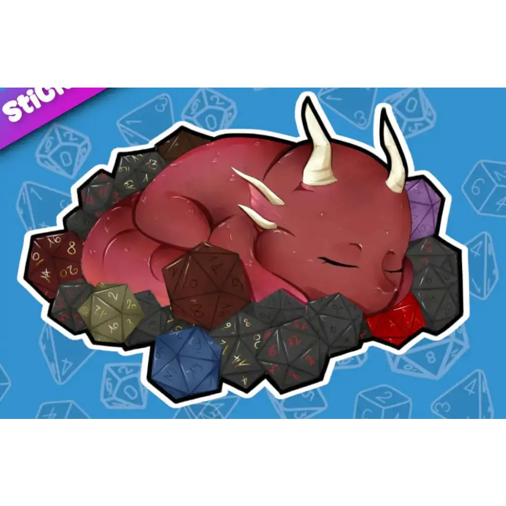 Sticker of a red creature with horns surrounded by polyhedral dice on a blue background with dice pattern.