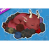 Sticker of a red creature with horns surrounded by polyhedral dice on a blue background with dice pattern.