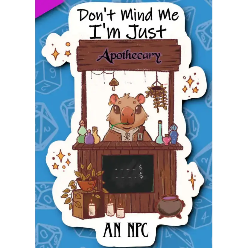 Sticker design of a cartoon character behind an apothecary stand with text on a blue background with dice patterns.