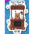 Sticker design of a cartoon character behind an apothecary stand with text on a blue background with dice patterns.