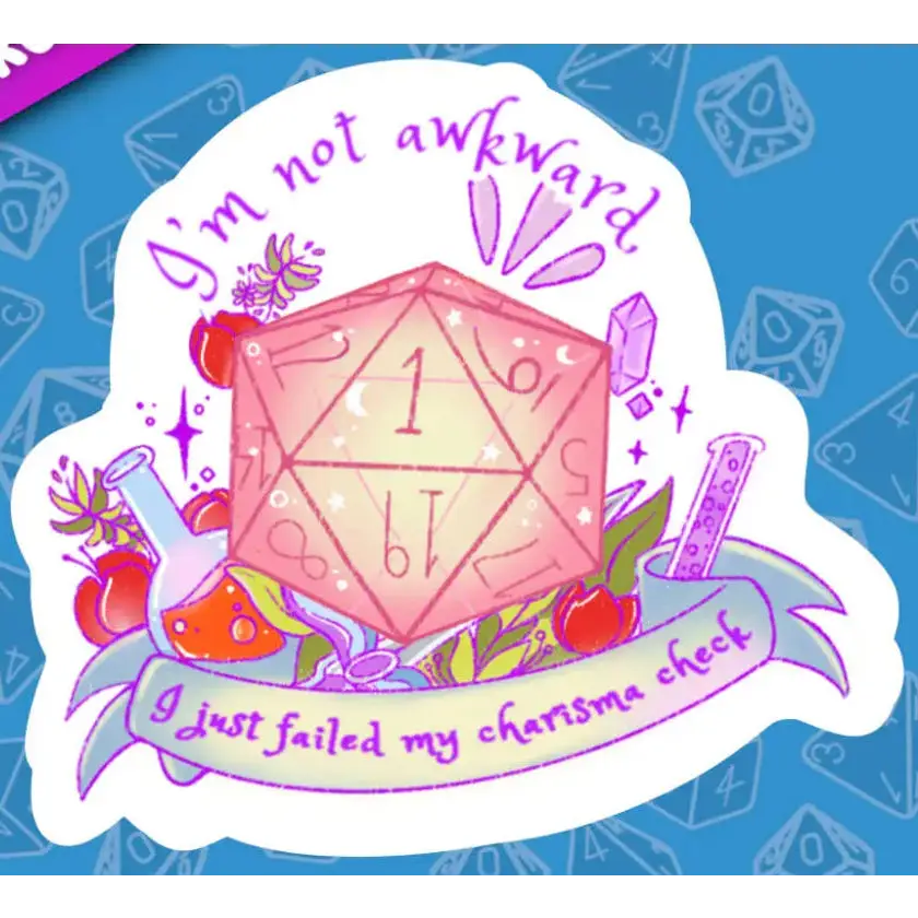 Sticker with a pink die and text on a blue background with dice patterns