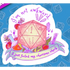 Sticker with a pink die and text on a blue background with dice patterns