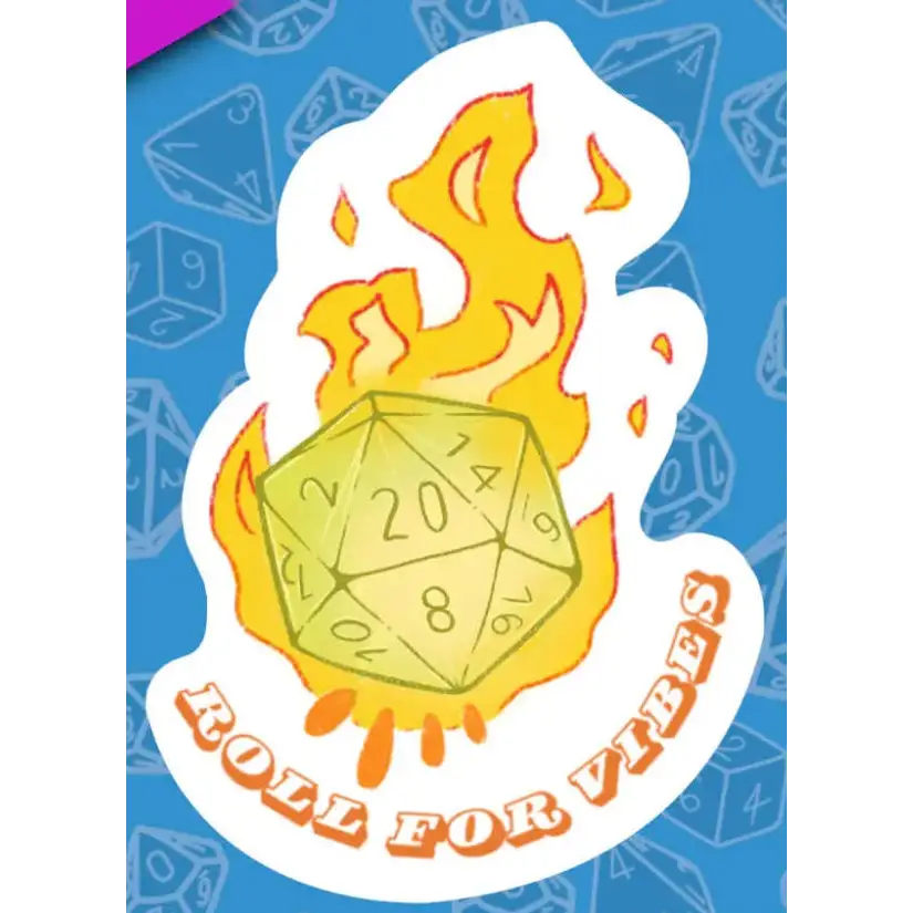 Sticker with a dice design and flames on a blue background with dice patterns