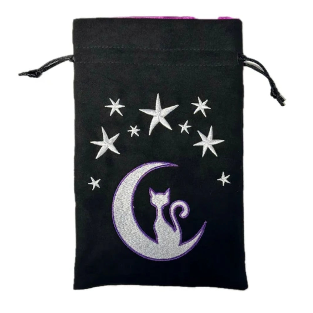 Black velvet Moonbeam dice bag featuring a glittery silver and purple cat on a crescent moon with embroidered white stars