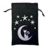 Black velvet Moonbeam dice bag featuring a glittery silver and purple cat on a crescent moon with embroidered white stars