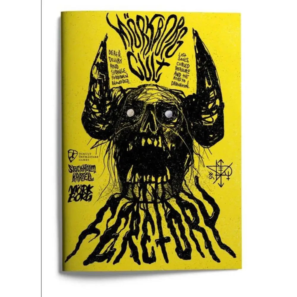 Yellow hardcover Mork Borg RPG Cult Feretory book with black ink illustration of horned skeletal figure and stylized text