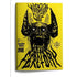 Yellow hardcover Mork Borg RPG Cult Feretory book with black ink illustration of horned skeletal figure and stylized text