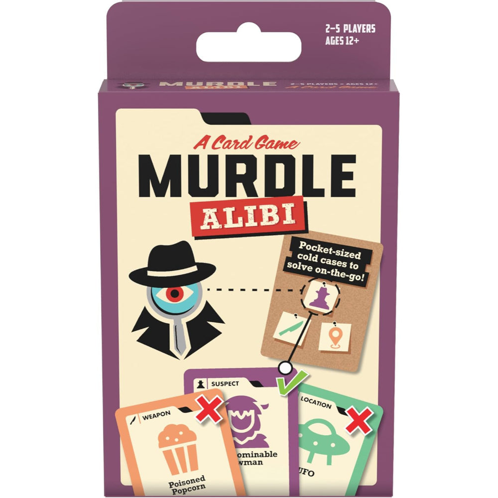 Purple and cream-colored box for Murdle A card game featuring a detective illustration with an eye on the front