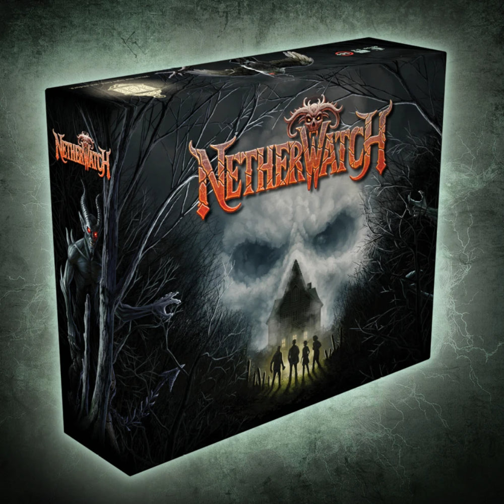 Black cardboard box for netherwatch board game with dark fantasy illustration orange title skulls trees silhouettes
