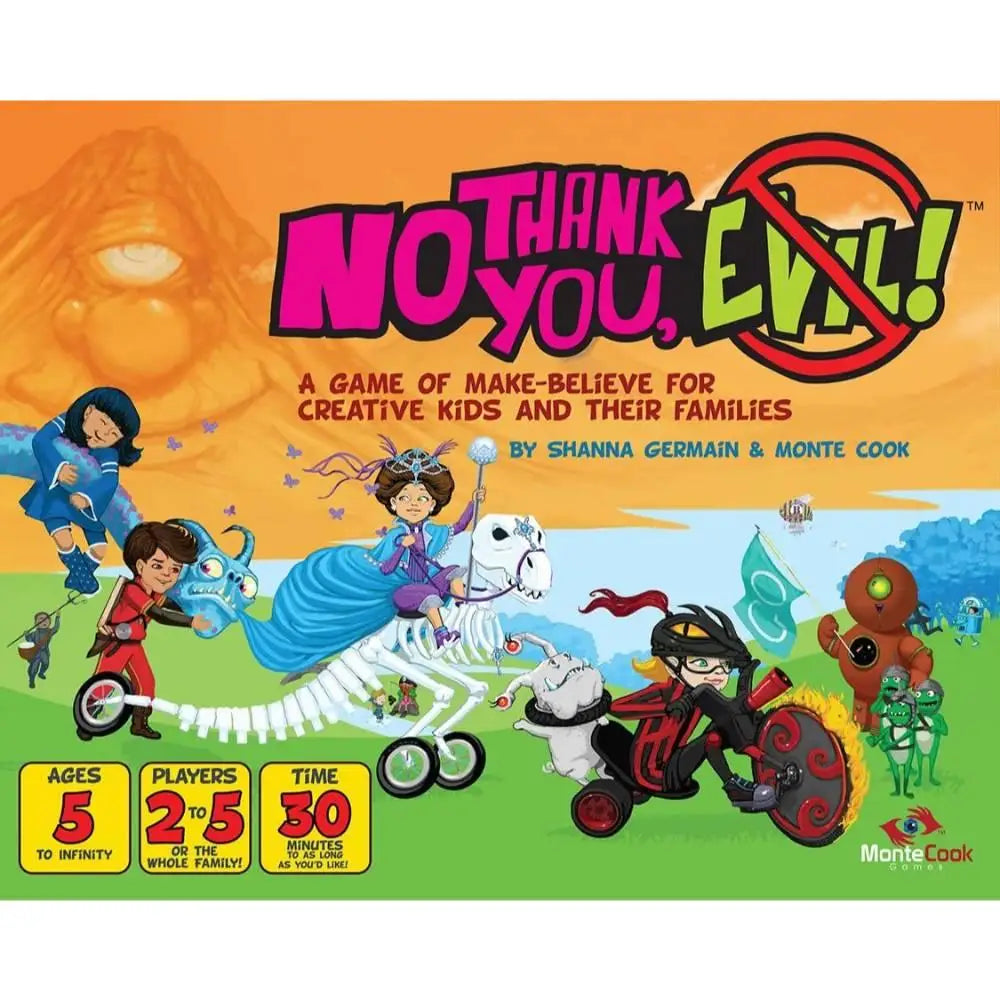 No thank you evil rpg board game box with vibrant cartoon characters and playful design for family role-playing fun