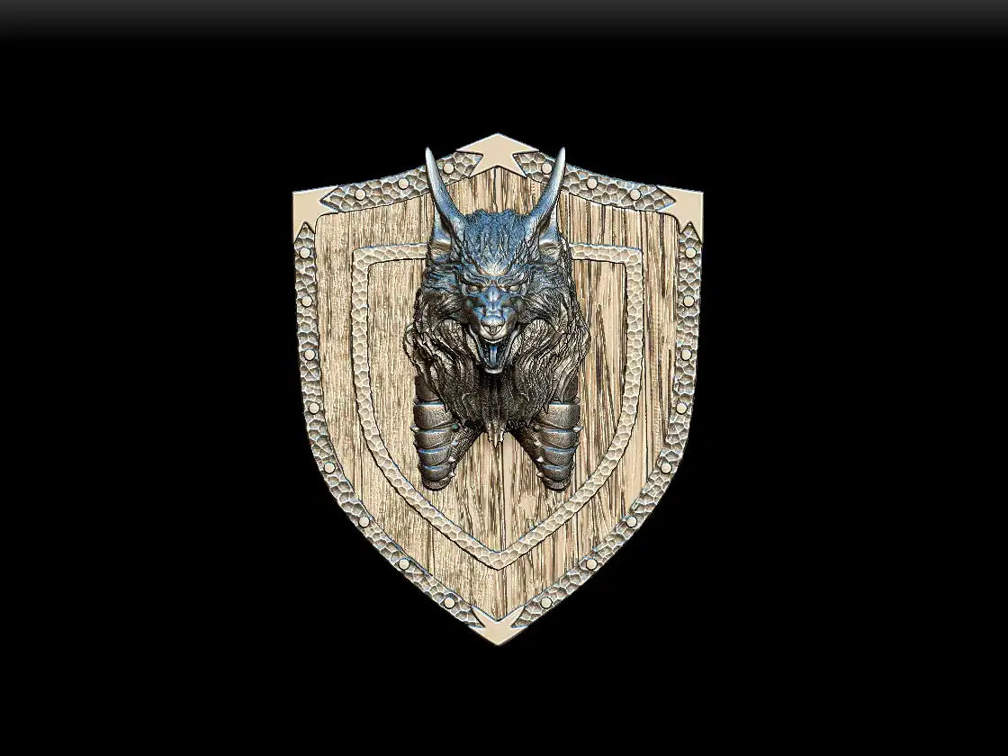 Noble dwarf alphyn magnetic trophy head featuring a metallic wolf-headed shield emblem with wood-grain finish and beaded border