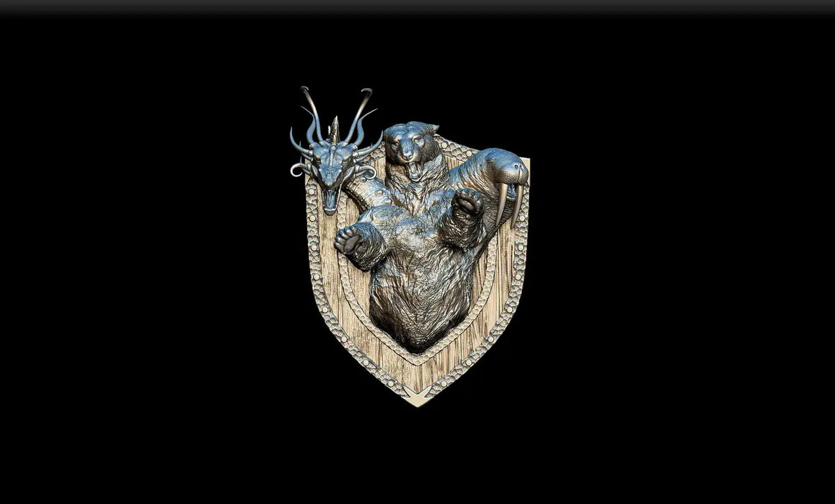 Antique bronze-colored metal shield emblem featuring a detailed bear and stag design for noble dwarf artic chimera magnetic trophy head