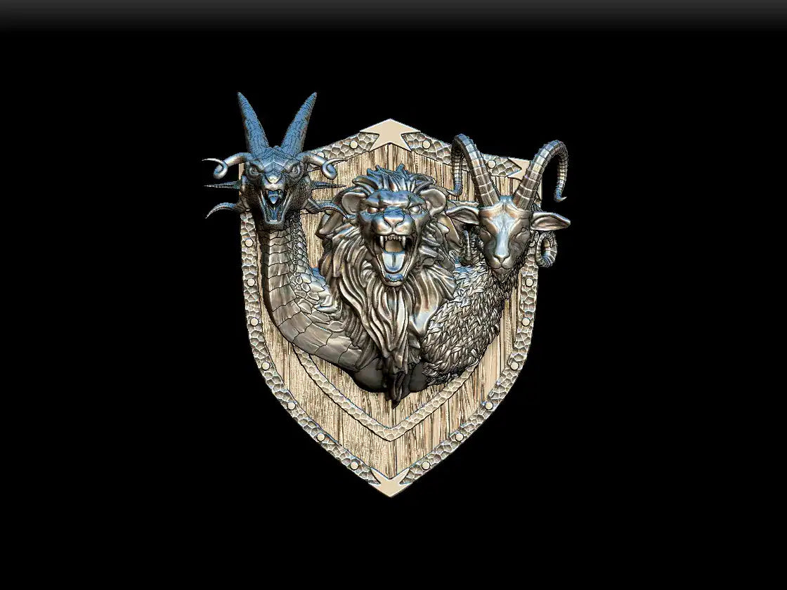 Silver metallic noble dwarf chimera magnetic trophy head with roaring lion, dragon, goat, and wooden-textured border