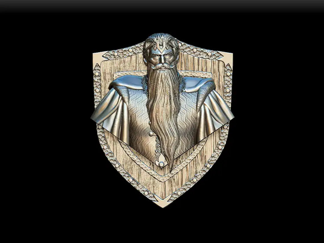 Silver-toned noble dwarf cloud giant magnetic trophy head featuring an intricately detailed shield emblem with a bearded figure
