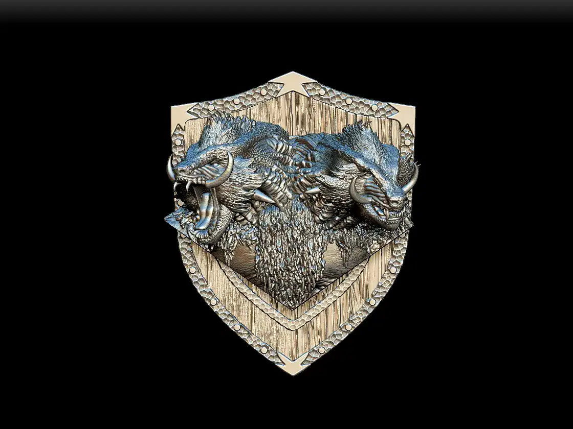 Silver metallic shield-shaped noble dwarf demogorgon magnetic trophy head with two roaring scaled beast heads and horns