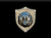 Noble dwarf dire bear metallic trophy head mounted on wood grain shield plaque with beaded border